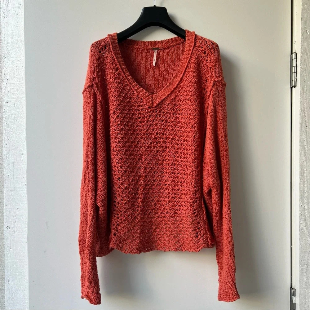 Free People V-Neck Crochet Boho Sweater - Burnt Orange - Size M - Picture 5 of 12